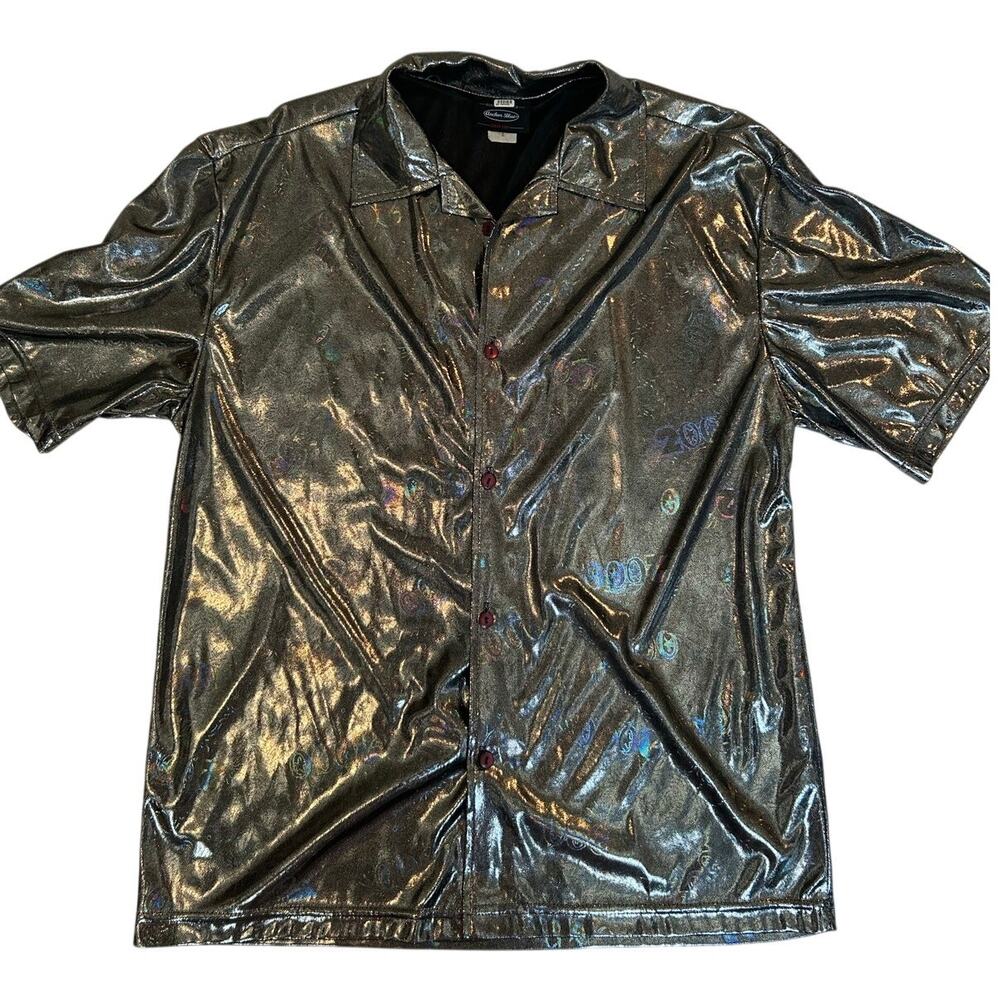 Vintage Anchor Blue Metallic Silver Button Up Shirt Y2K Rave Disco Mens Small